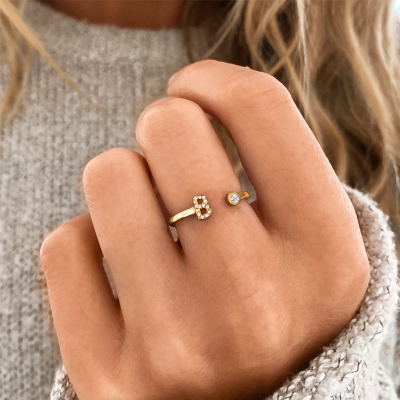 CZ & Birthstone Initial Open Ring A