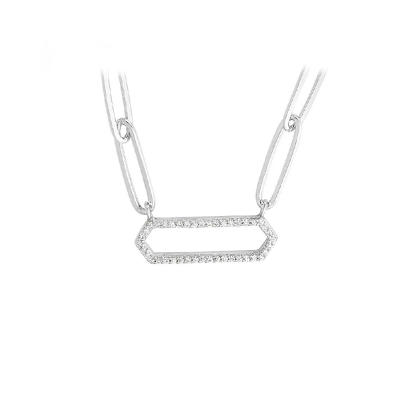Silver White CZ Pavé Hexagon Pendant Paperclip Necklace