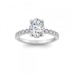 2 Ct Oval Lab Diamond & .28 Ctw Diamond Milgrain Bezel Hidden Halo Engagement Ring