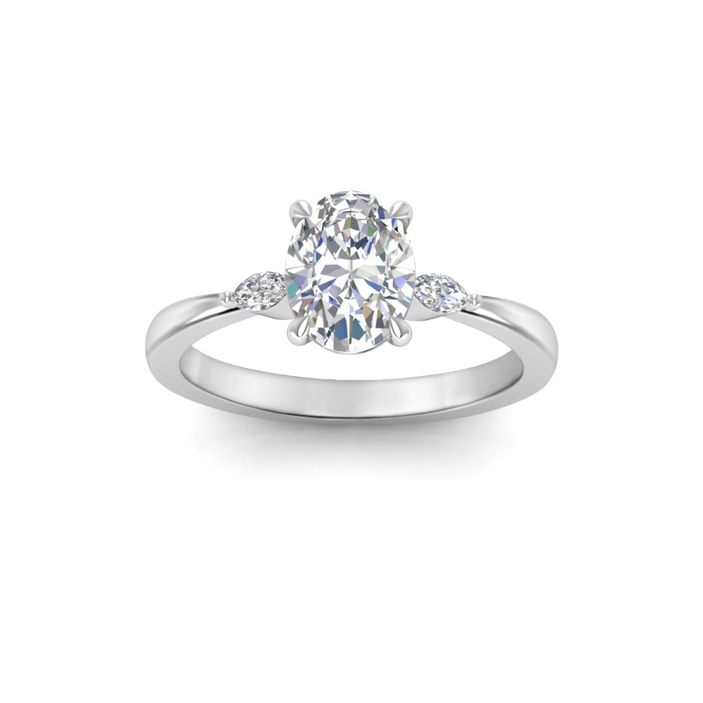 1.50 Ct Oval Moissanite & .12 Ctw Marquise Diamond Three Stone Engagement Ring